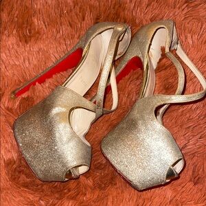 Christian Louboutin Gold Glitter Peep-Toe Platform Sandals with Red Sole